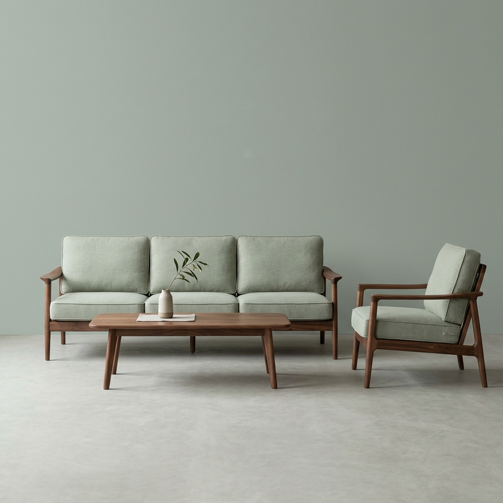 Bộ sofa gỗ óc chó đệm vải xanh nhạt trong không gian xanh sage